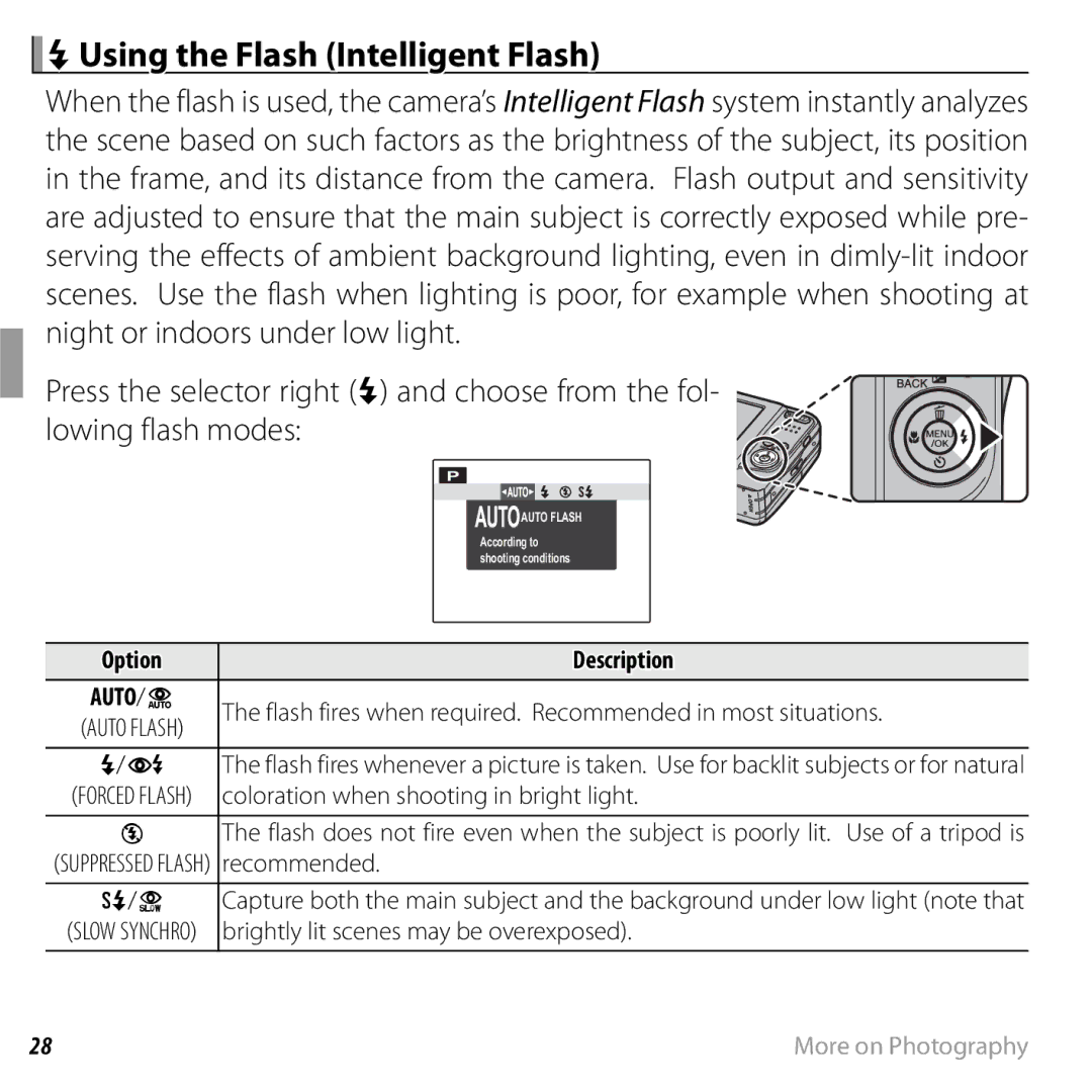 FujiFilm 16238037 owner manual NUsing the Flash Intelligent Flash, Slow Synchro brightly lit scenes may be overexposed 