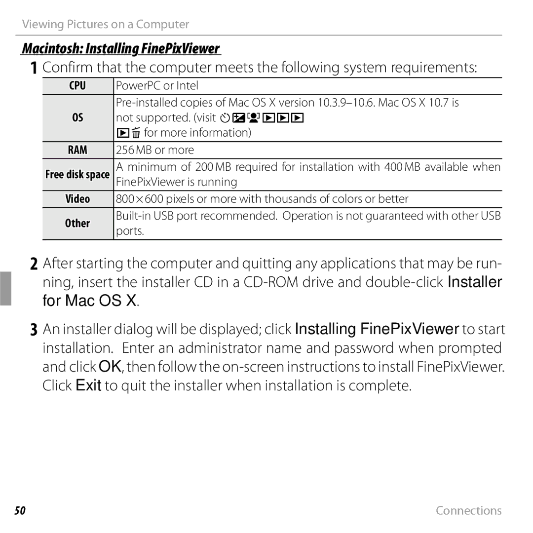 FujiFilm 16238037 owner manual Macintosh Installing FinePixViewer, Cpu 