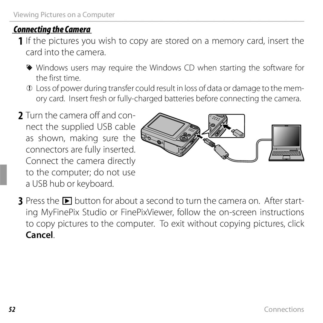 FujiFilm 16238037 owner manual Connecting the Camera 