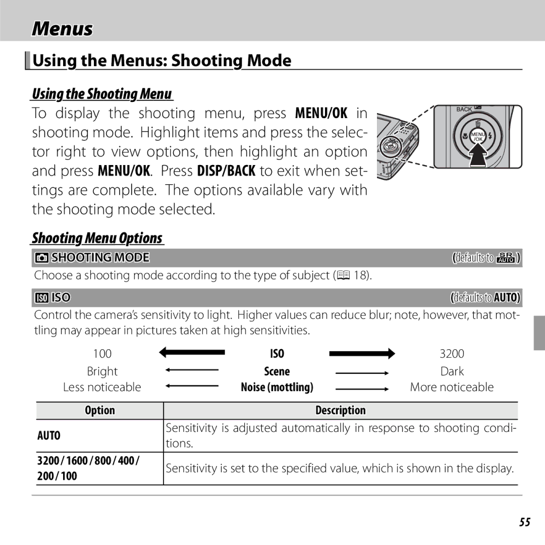 FujiFilm 16238037 owner manual Using the Menus Shooting Mode, Using the Shooting Menu, Shooting Menu Options 