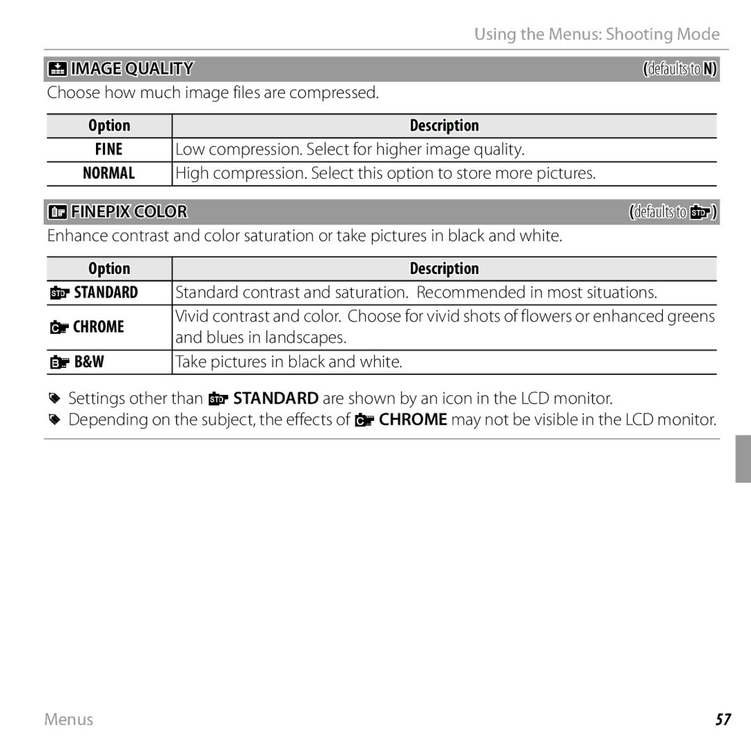 FujiFilm 16238037 owner manual Timage Quality, Pfinepix Color, Description CSTANDARD, Achrome, Bb&W 