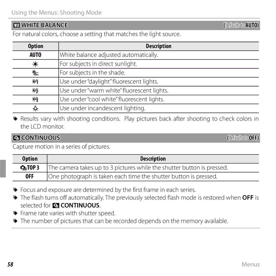 FujiFilm 16238037 owner manual Dwhite Balance, White balance adjusted automatically, Rcontinuous 