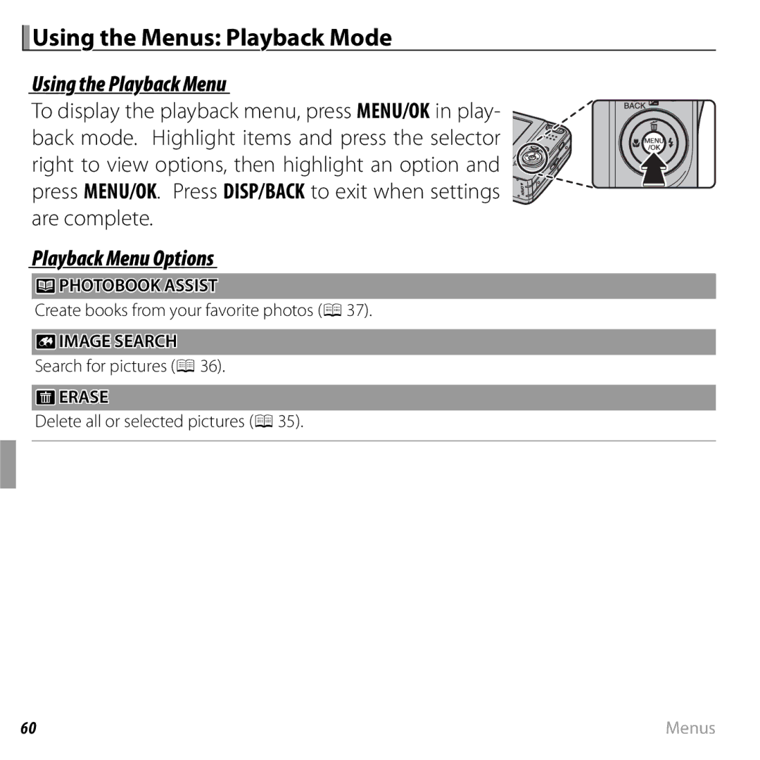 FujiFilm 16238037 owner manual Using the Menus Playback Mode, Using the Playback Menu, Playback Menu Options, Erase 