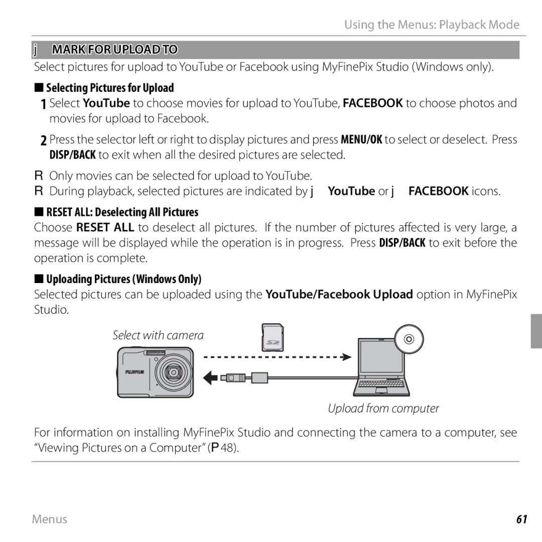 FujiFilm 16238037 owner manual JMARK for Upload to, Selecting Pictures for Upload, Reset ALL Deselecting All Pictures 