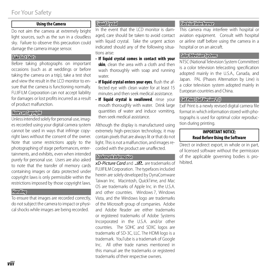 FujiFilm 16238037 owner manual Viii 