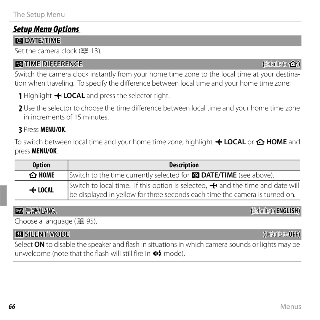 FujiFilm 16238037 owner manual Setup Menu Options, Date/Time, Ntime Difference, Defaults to English 