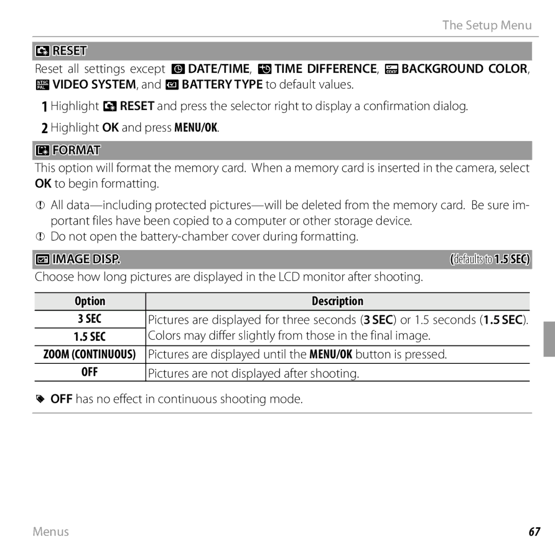 FujiFilm 16238037 owner manual Reset, Format, Aimage Disp 