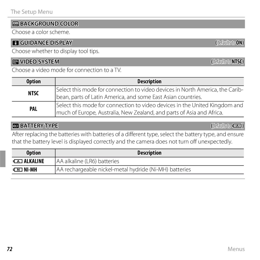 FujiFilm 16238037 owner manual Obackground Color, Qvideo System, Tbattery Type 