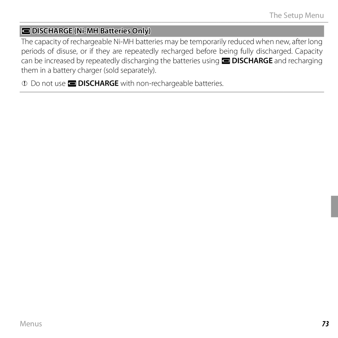 FujiFilm 16238037 owner manual Pdischarge Ni-MH Batteries Only 