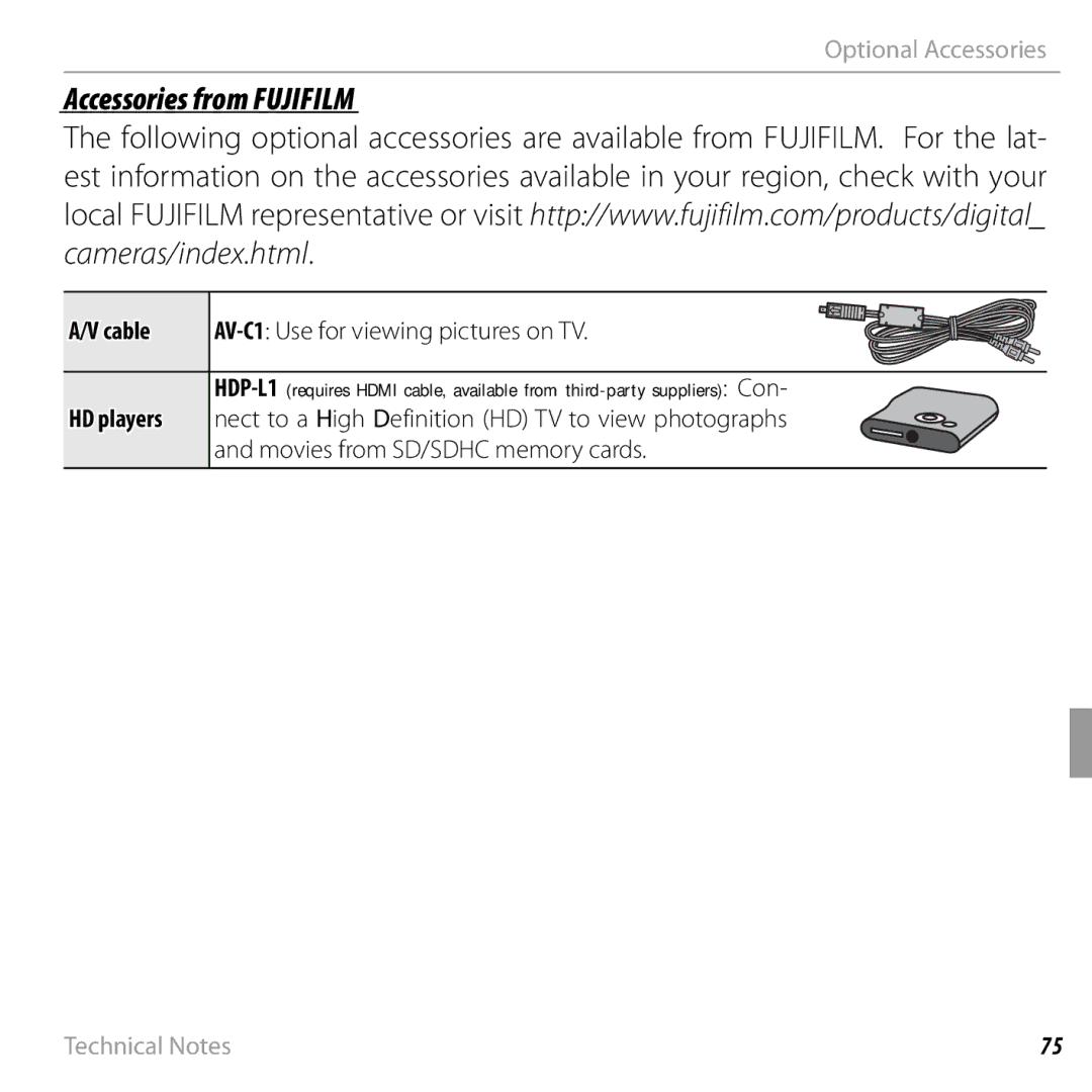 FujiFilm 16238037 owner manual Accessories from Fujifilm, Cable, HD players 