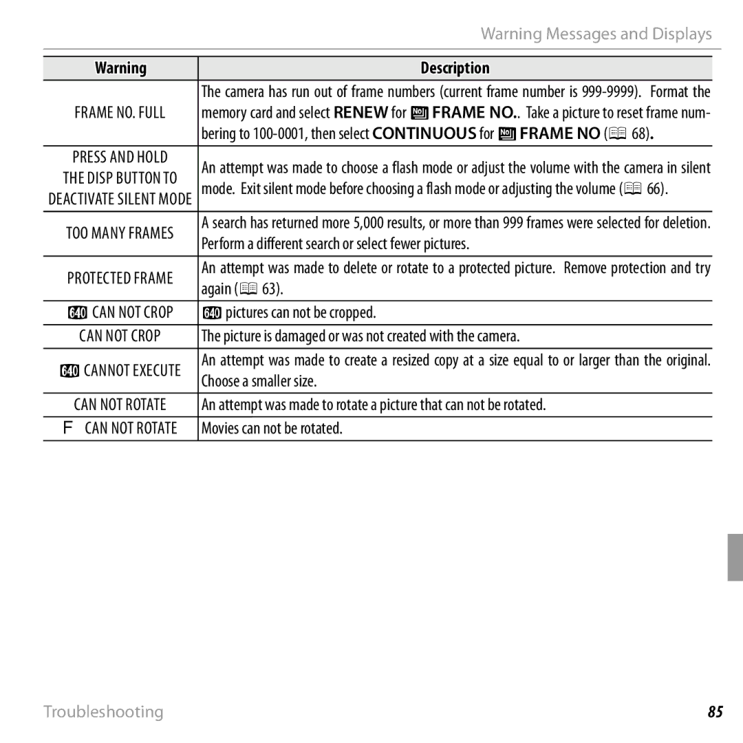 FujiFilm 16238037 owner manual Perform a different search or select fewer pictures, Again P63, Apictures can not be cropped 