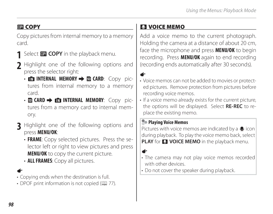 FujiFilm 16286187-4-KIT owner manual ALL Frames Copy all pictures, Playing Voice Memos 