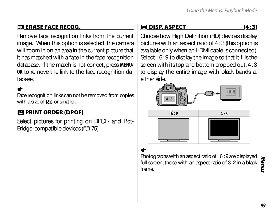 FujiFilm 16286187-4-KIT owner manual Erase Face Recog, Print Order Dpof, JDISP. Aspect, 16 9, Frame 