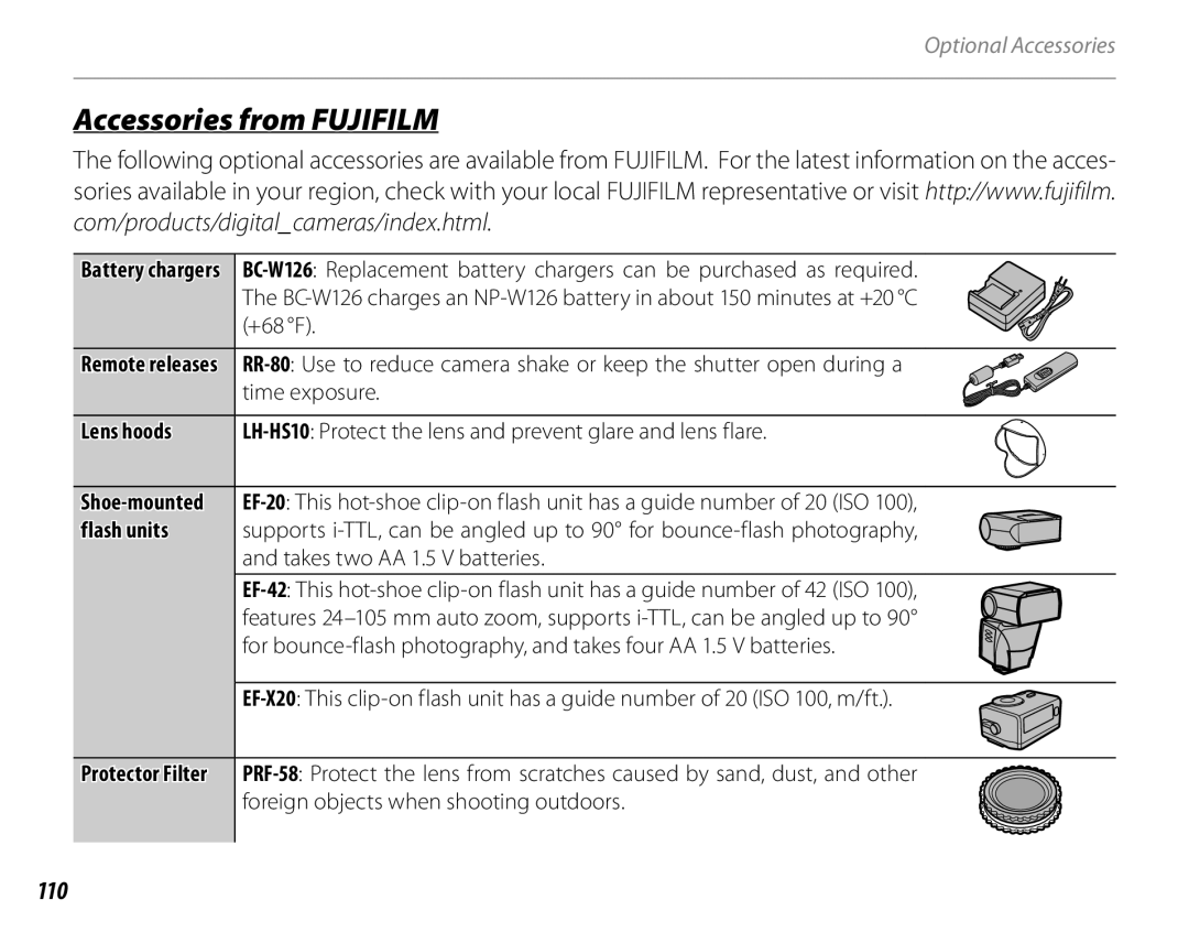 FujiFilm 16286187-4-KIT owner manual Accessories from Fujifilm, 110, Lens hoods, Flash units 