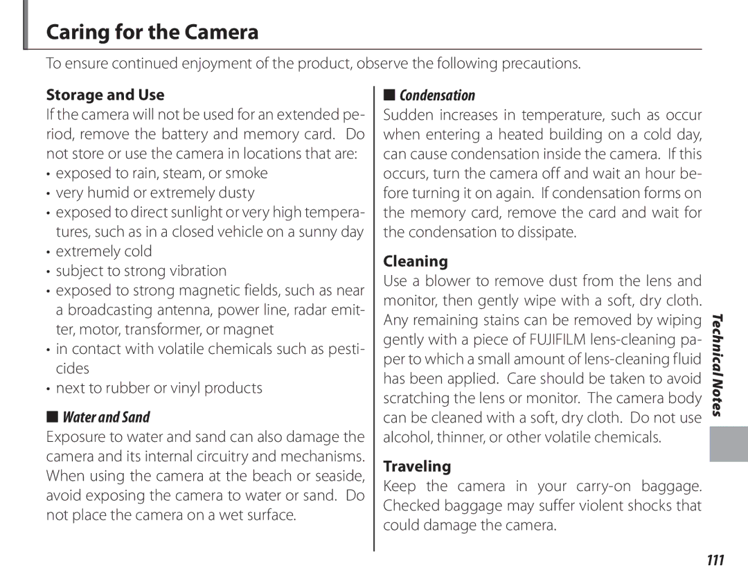 FujiFilm 16286187-4-KIT owner manual Caring for the Camera, Water and Sand, Condensation, 111 