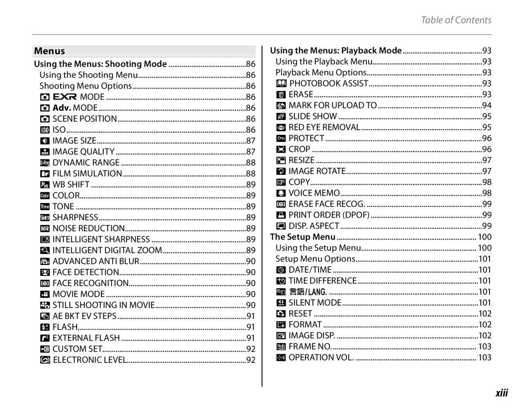 FujiFilm 16286187-4-KIT owner manual Xiii, 100, 101, 102, 103 