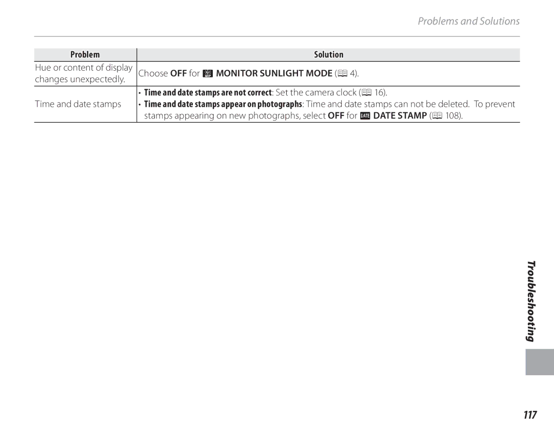 FujiFilm 16286187-4-KIT owner manual 117, Choose OFF for T MONITOR Sunlight Mode P 4, Time and date stamps 