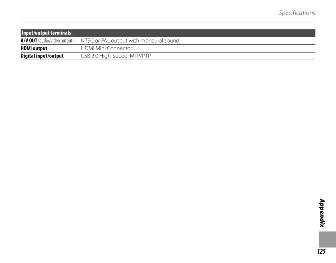 FujiFilm 16286187-4-KIT owner manual 125, Hdmi output, Digital input/output 