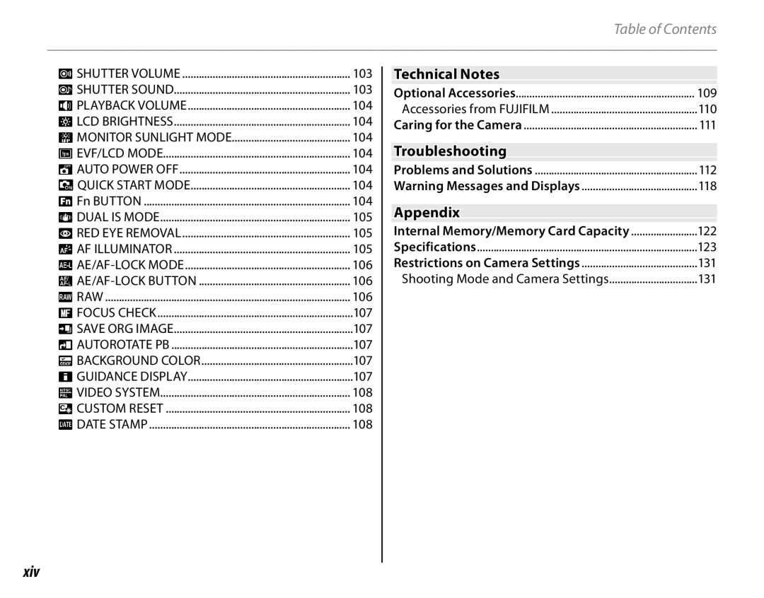 FujiFilm 16286187-4-KIT owner manual Xiv, Technical Notes, Troubleshooting, Appendix 