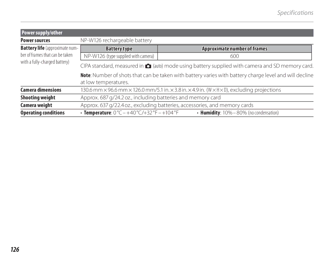 FujiFilm 16286187-4-KIT owner manual 126, Power sources, Shooting weight, Camera weight 