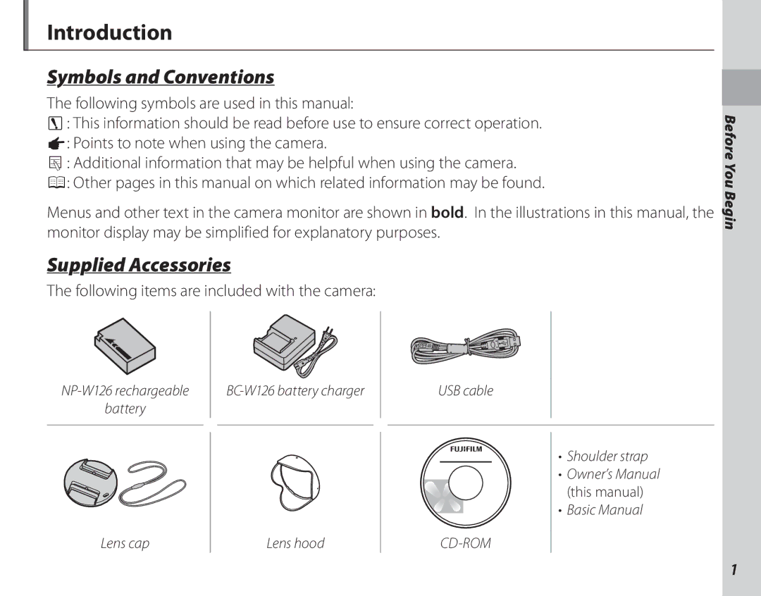 FujiFilm 16286187-4-KIT owner manual Introduction, Symbols and Conventions, Supplied Accessories 