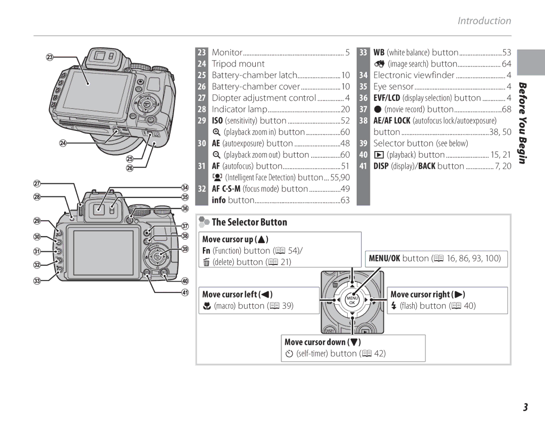 FujiFilm 16286187-4-KIT owner manual Selector Button, Move cursor up e Fn Function button P 54, Move cursor down f 