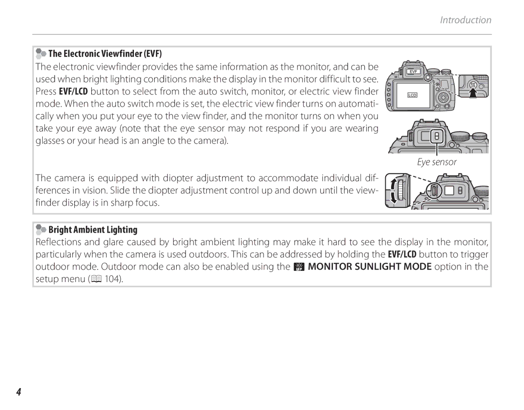 FujiFilm 16286187-4-KIT owner manual Electronic Viewfinder EVF, Bright Ambient Lighting 