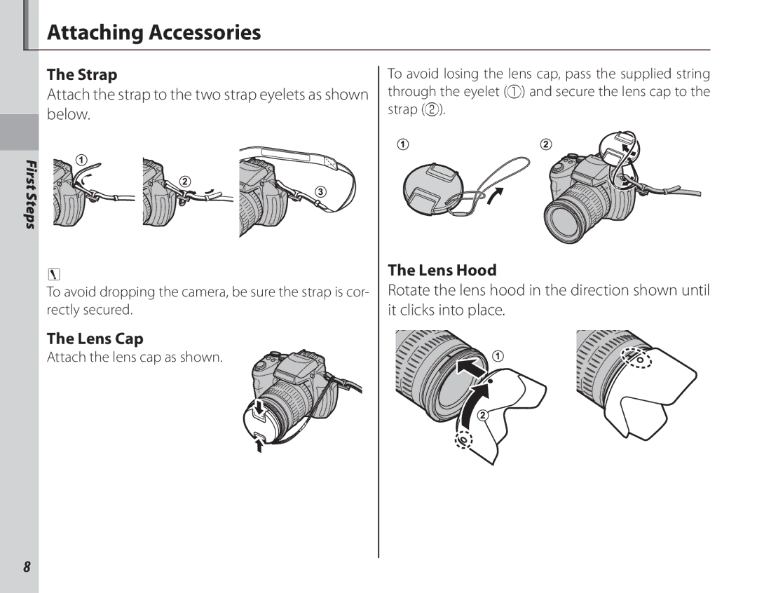 FujiFilm 16286187 Attaching Accessories, Strap, Attach the strap to the two strap eyelets as shown below, Lens Cap 