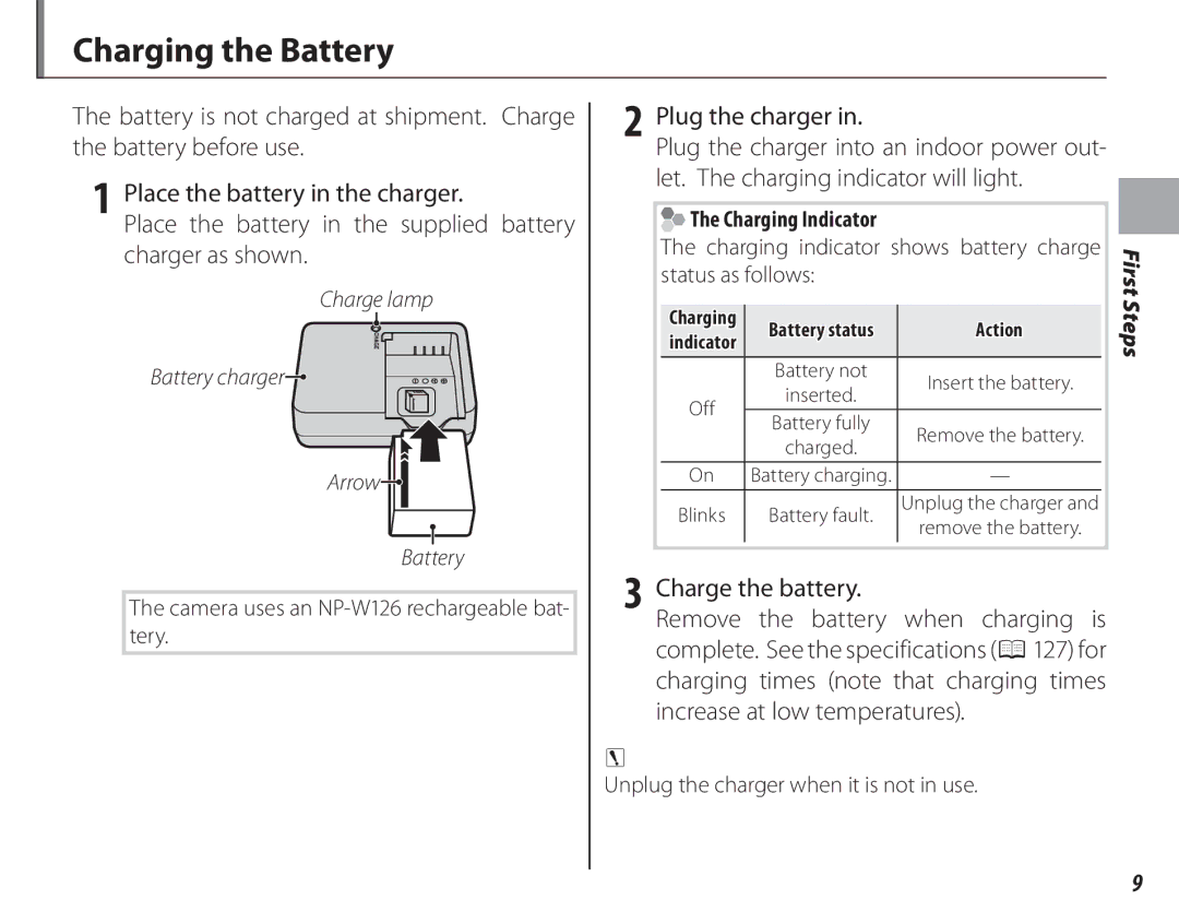 FujiFilm 16286187-4-KIT owner manual Charging the Battery, Place the battery in the supplied battery Charger as shown 