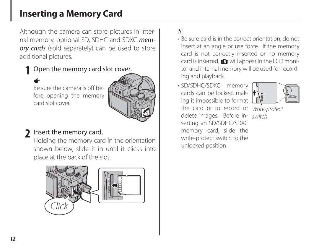 FujiFilm 16286187-4-KIT owner manual Click, Inserting a Memory Card 