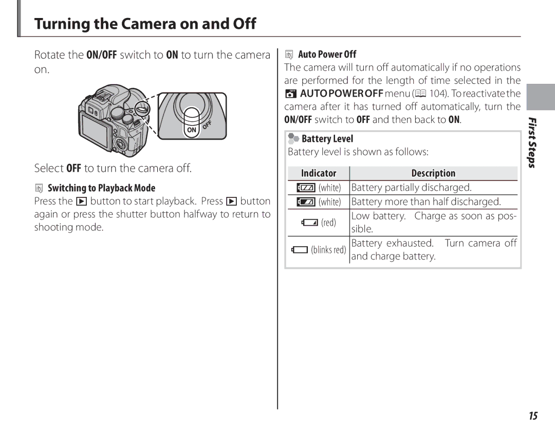 FujiFilm 16286187-4-KIT owner manual Turning the Camera on and Off 