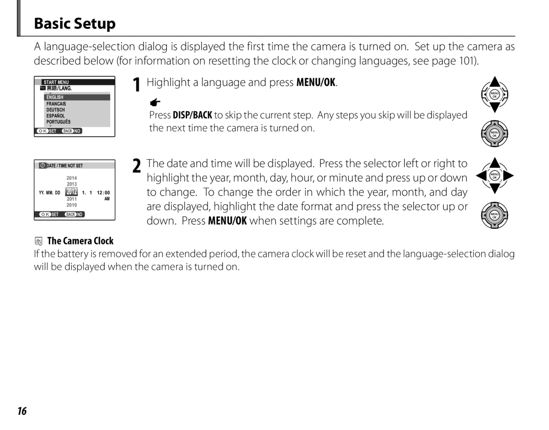 FujiFilm 16286187-4-KIT owner manual Basic Setup, Highlight a language and press MENU/OK, Camera Clock 