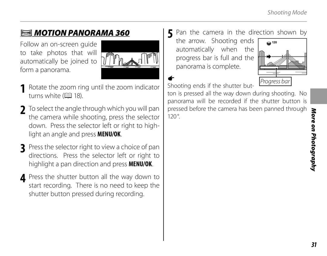 FujiFilm 16286187-4-KIT owner manual Motion Panorama, Progress bar is full and the panorama is complete 