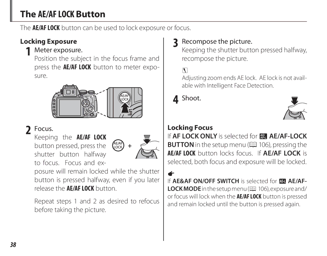 FujiFilm 16286187 owner manual AE/AF Lock Button, AE/AF Lock button can be used to lock exposure or focus, Locking Focus 