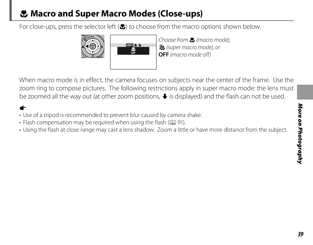 FujiFilm 16286187-4-KIT owner manual Macro and Super Macro Modes Close-ups 