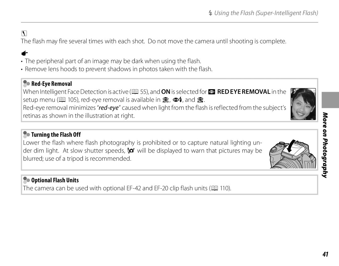 FujiFilm 16286187-4-KIT owner manual Red-Eye Removal, Turning the Flash Off, Optional Flash Units 