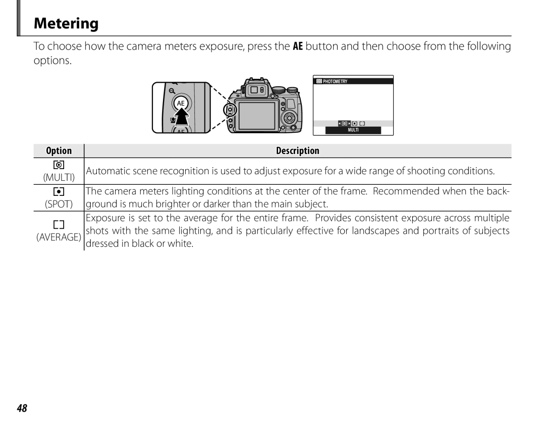 FujiFilm 16286187 Metering, Option, Ground is much brighter or darker than the main subject, Dressed in black or white 