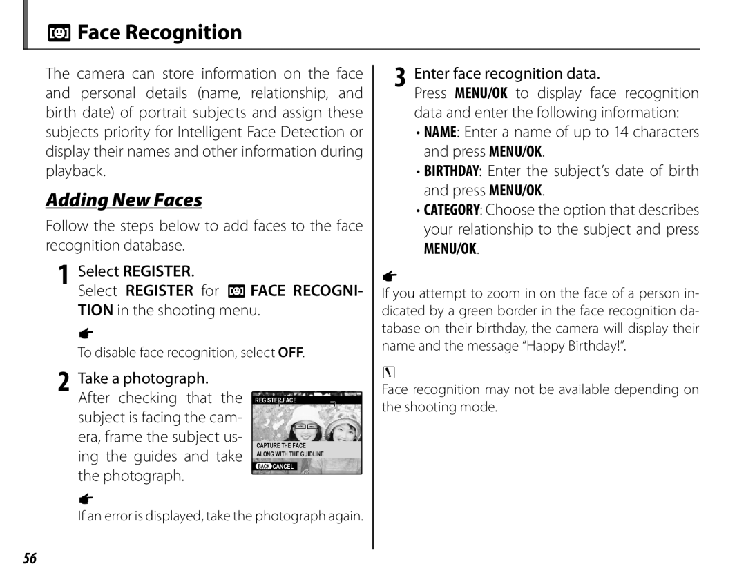 FujiFilm 16286187 Face Recognition, Adding New Faces, Enter face recognition data, To disable face recognition, select OFF 