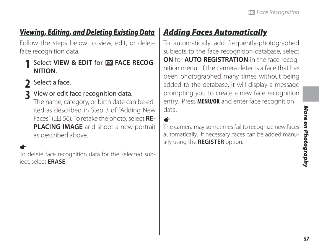 FujiFilm 16286187-4-KIT owner manual Adding Faces Automatically, Viewing, Editing, and Deleting Existing Data, Nition 