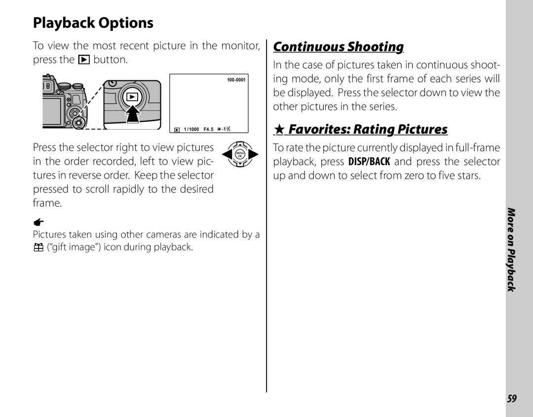 FujiFilm 16286187-4-KIT owner manual Playback Options, Continuous Shooting, Favorites Rating Pictures 