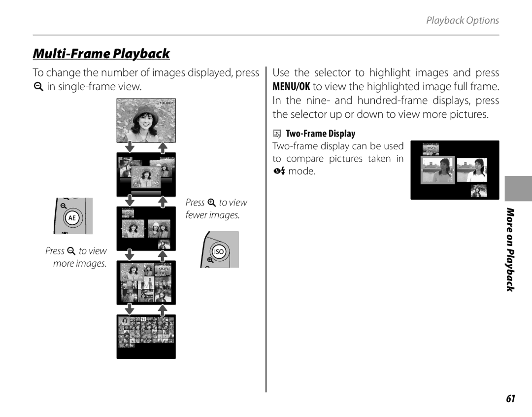 FujiFilm 16286187-4-KIT Multi-Frame Playback, Single-frame view, To change the number of images displayed, press, Mode 