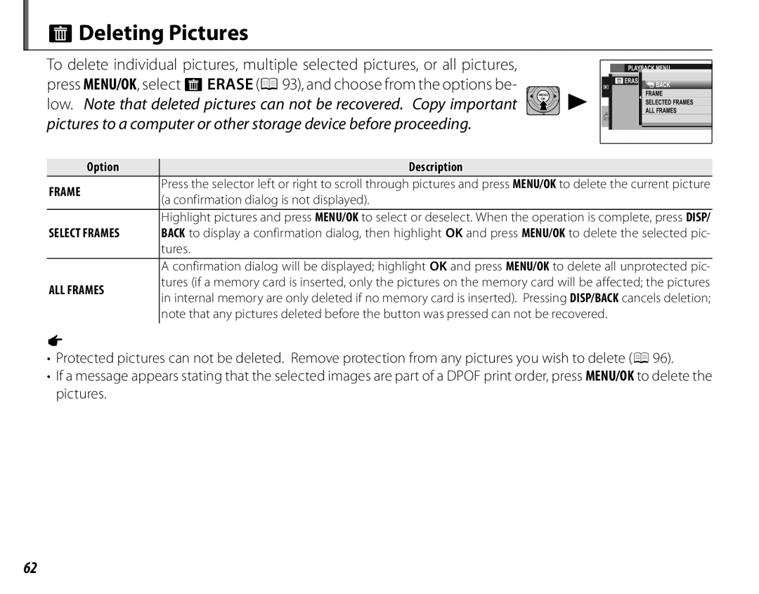 FujiFilm 16286187-4-KIT owner manual Deleting Pictures, Option Description, Confirmation dialog is not displayed, Tures 