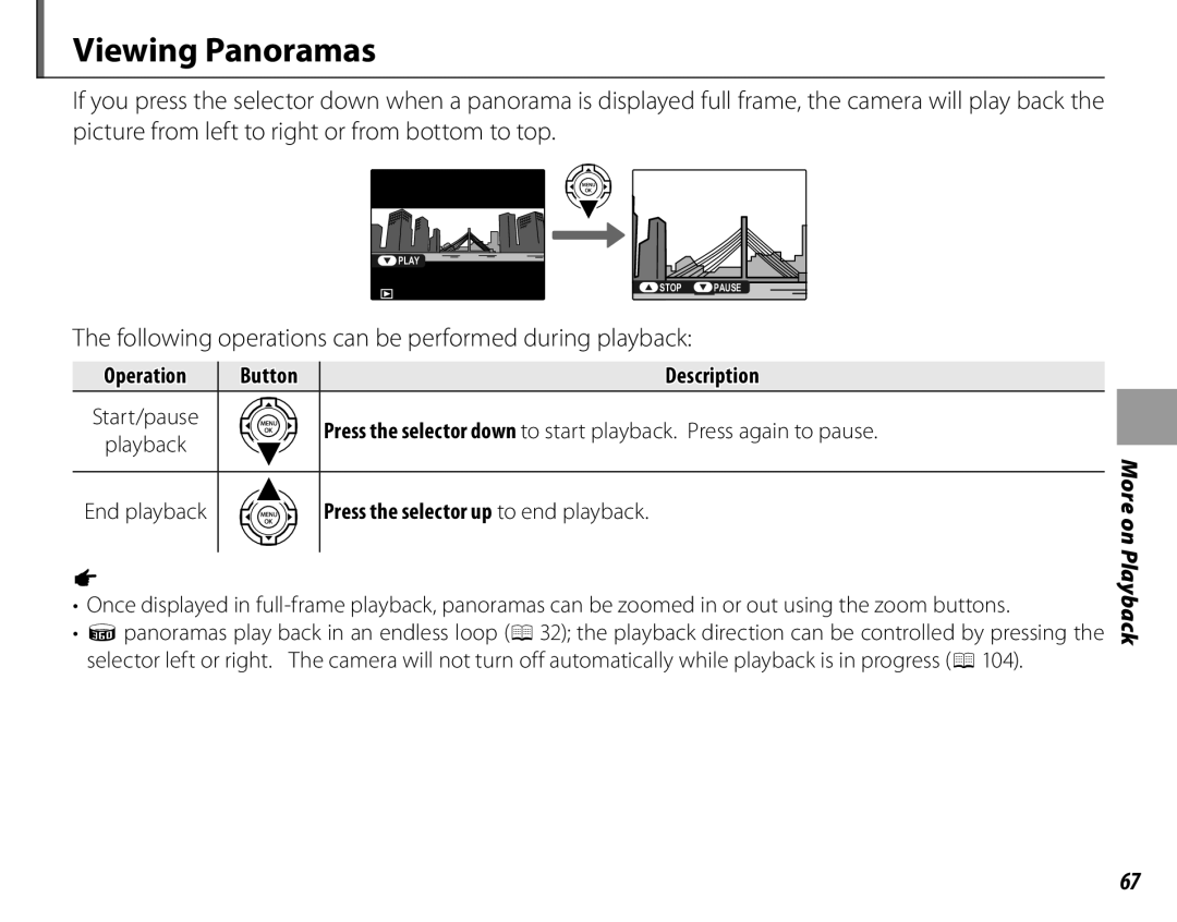 FujiFilm 16286187-4-KIT Viewing Panoramas, Following operations can be performed during playback, Button Description 