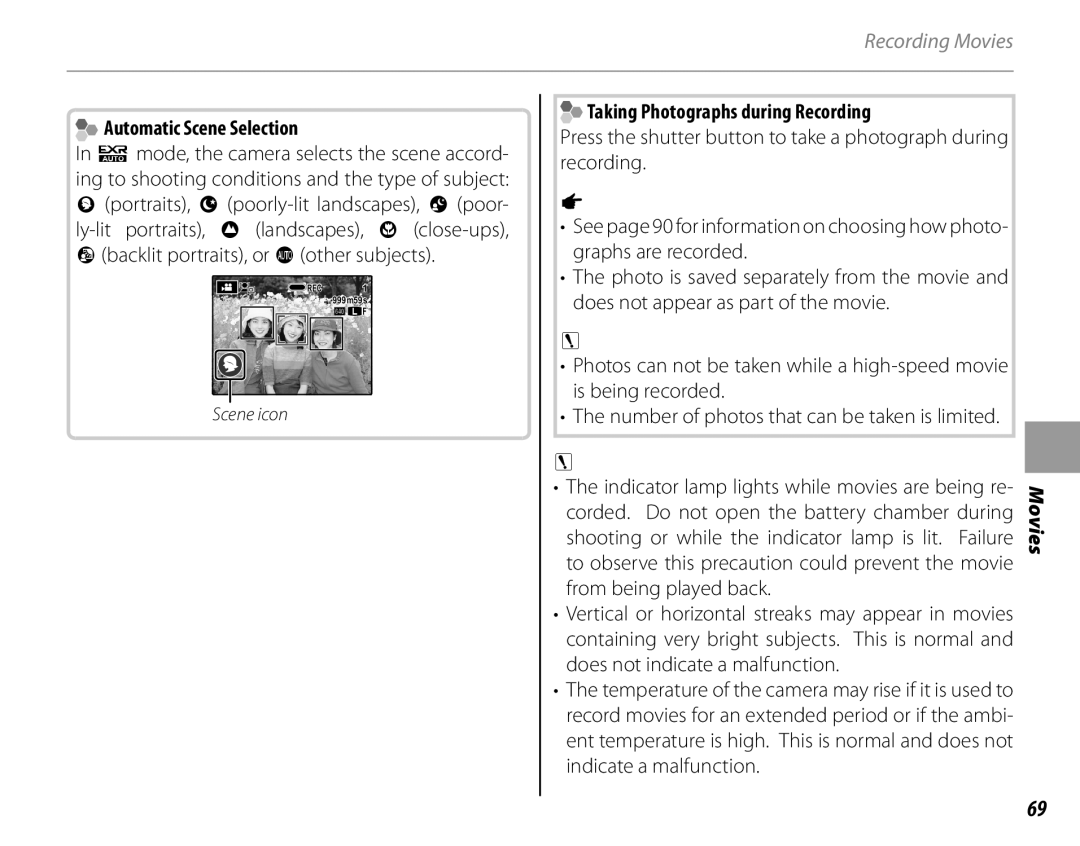 FujiFilm 16286187-4-KIT owner manual Automatic Scene Selection, Taking Photographs during Recording 