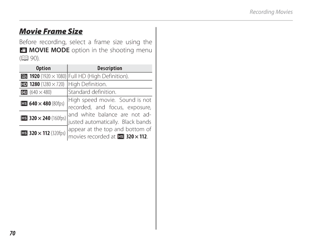 FujiFilm 16286187-4-KIT owner manual Movie Frame Size, OptionDescription, 1920 1920 × 1080 Full HD High Definition 