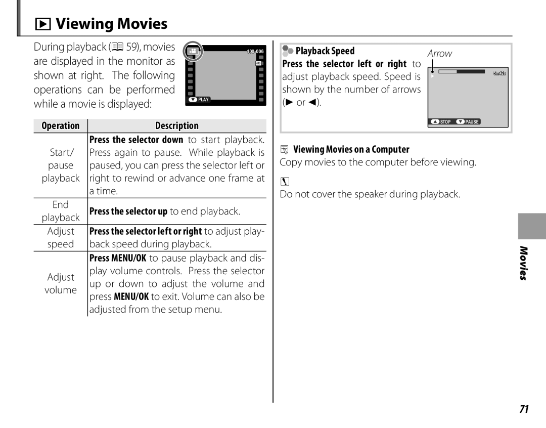 FujiFilm 16286187-4-KIT owner manual Playback Speed, Viewing Movies on a Computer 