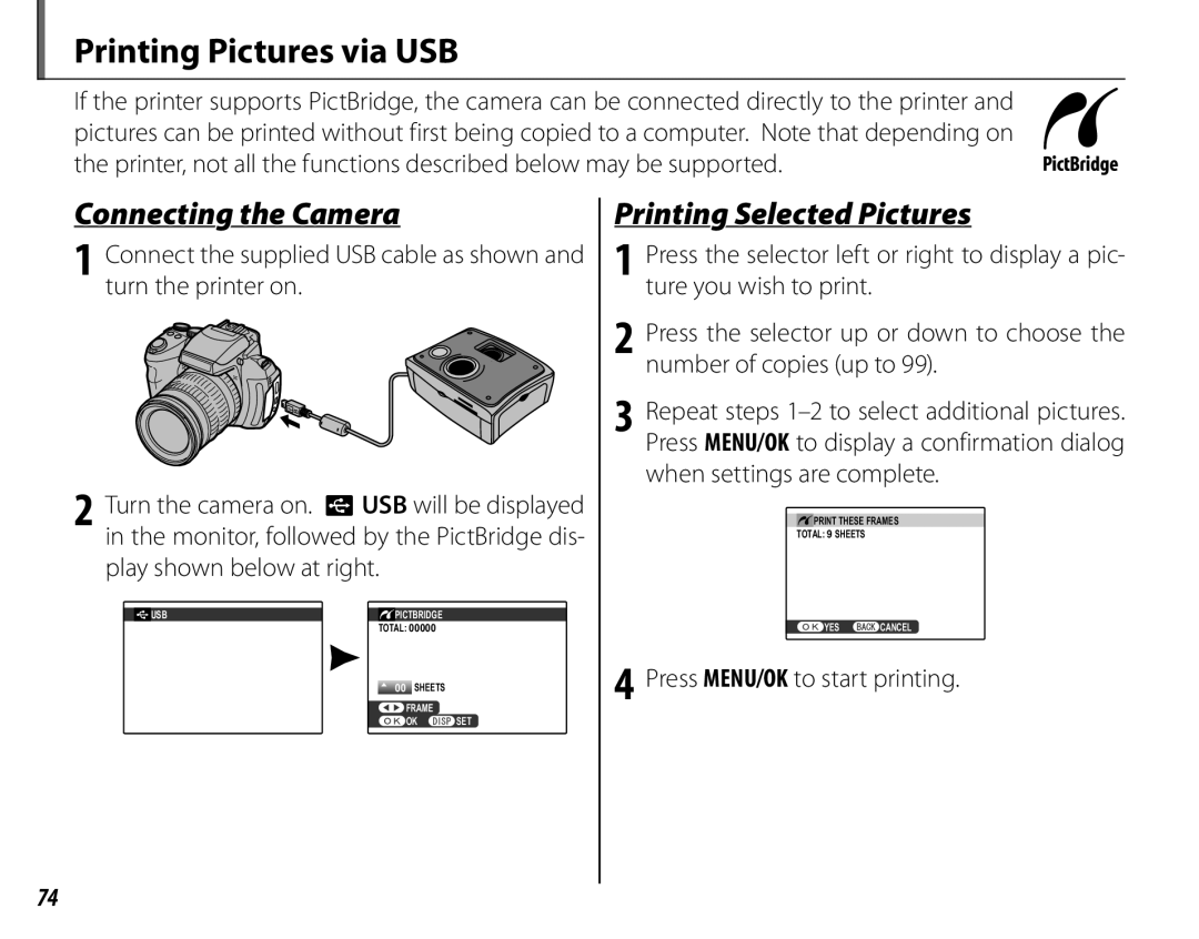 FujiFilm 16286187-4-KIT owner manual Printing Pictures via USB, Connecting the Camera, Printing Selected Pictures 