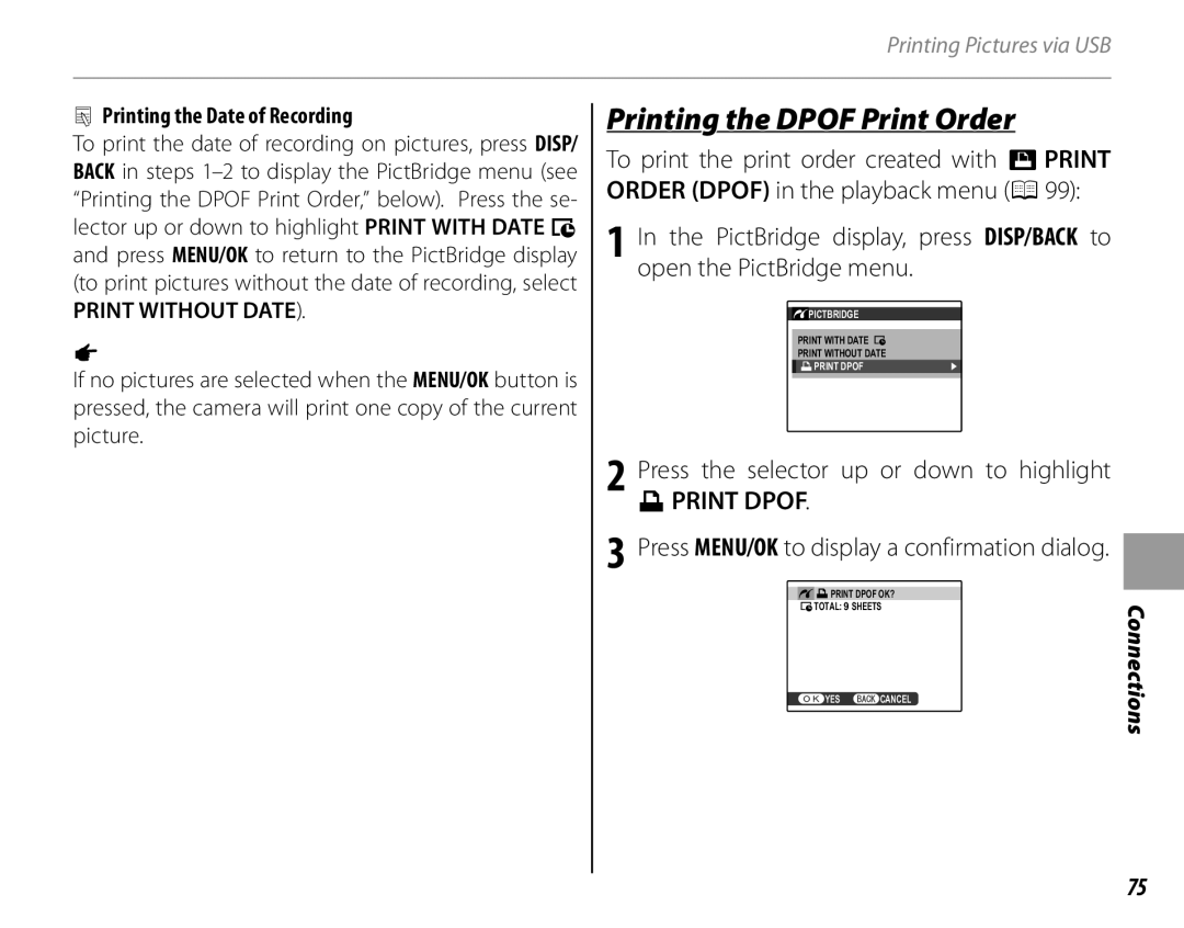 FujiFilm 16286187-4-KIT owner manual Printing the Dpof Print Order, Press the selector up or down to highlight u PRINT Dpof 