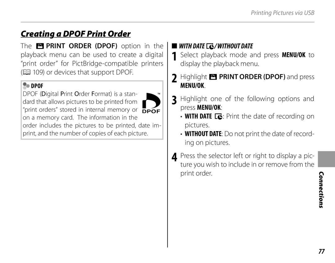 FujiFilm 16286187-4-KIT owner manual Creating a Dpof Print Order, With Date s/ WITHOUT Date, Print order 