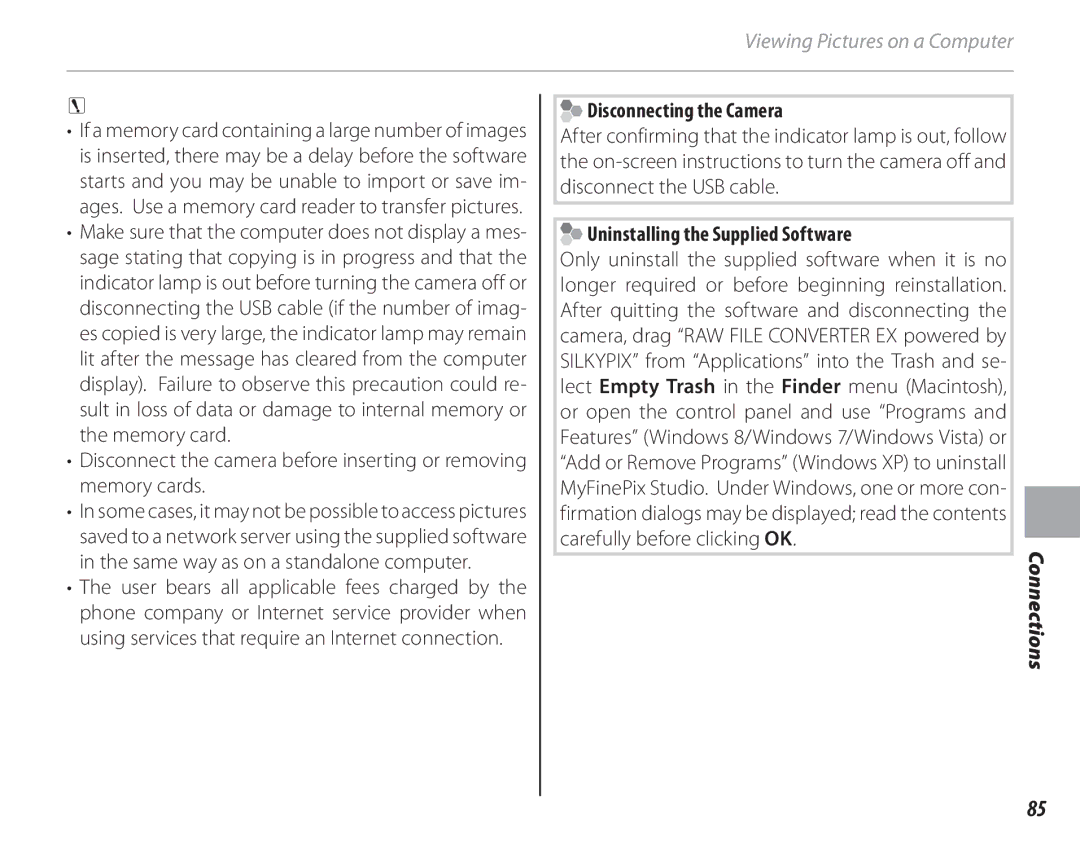 FujiFilm 16286187-4-KIT owner manual Disconnecting the Camera, Uninstalling the Supplied Software 